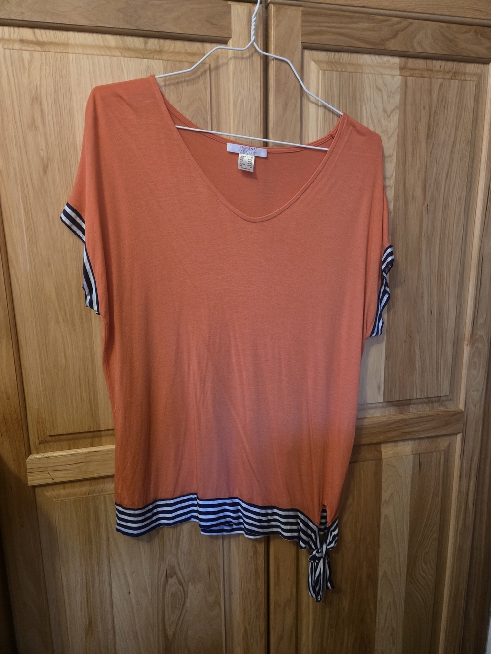 Orange V-Neck Tie-Hem Tunic with Blue-and-White Stripe Trim